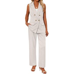 Riyiper Women Suits 2 Piece Sets Button Lapel V Neck Sleeveless Blazer Vest and Wide Leg Pants Suit Matching Outfits