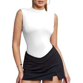 Women's Mock Neck Sleeveless Bodysuit Double-Lined Tank Top Slim Fit Stretchy Tank Top, Breathable Fabric for Yoga