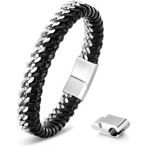 VNOX Black Leather Bracelet for Men - Double Row Braided Leather with Antique Silver Stainless Steel Cuban Chain Bracelets for Mens Metal Wristband Cuff Bangle Jewelry Gifts for Boyfriend