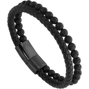 Mens Bracelet,Gifts for Men,Double-Row Black Braided Leather Bracelets for Men,Black Stainless Steel Cross Jewelry With Black Onyx Beads Bracelets,Charm Bracelet,For Dad,Friends,Brother,Sons