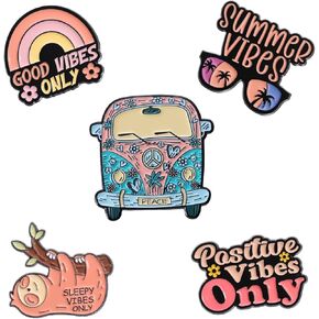 5PCS Positive Vibes Enamel Pins Bulk, Cartoon Cute Cool Girly Summer Sleepy Good Lapel Backpack Hat Pin Set, Decorative Crooches Button for Jeans, Jackets, Bags, Dress, Shoes