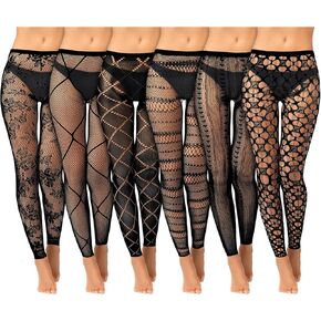 Hicarer 6 Pairs Womens Black Fishnet Footless Tights High Waist Fish Net Thigh High Stockings Stripe Footless Pantyhose Mesh Leggings for Women