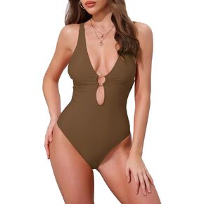 Women's O Ring Cut Out Deep V Monokini Bikini, 1 Piece Tummy Control Swimwear Bathing Suit