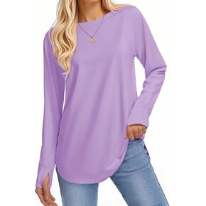 YUCOLEN Womens Tunic Tops to Wear with Leggings Long Sleeve Thumb Hole Shirts Basic Loose Tees with Crew Neck Curved Hem