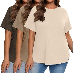 Ficerd 3 Pack Plus Size Tops for Women Casual Crewneck Raglan Sleeve Loose Tunic Tee Summer Basic Workout T Shirts XL-5XL