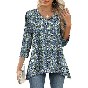 WIHOLL 3/4 Sleeve Tunic Tops for Women Loose Fit Dressy Casual Blouses V Neck T Shirts with Asymmetrical Hem S-3XL