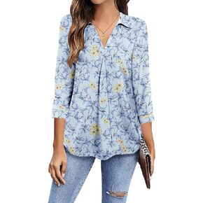 Newchoice Womens Collared V Neck 3/4 Sleeve Shirts Business Casual Tops Loose Work Blouses (S-3XL)