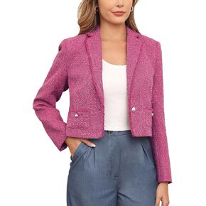 M.Infisavo Women's Crop Tweed Blazer 2025 Fashion Elegant Notch Lapel Open Front Cardigan Casual Office Jacket Pockets