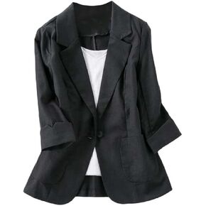 Womens Casual Solid Cotton Linen 3/4 Sleeve Short OL Work Blazer Jacket Coat