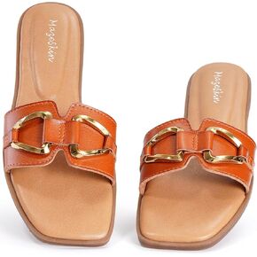 Mazeskin Women's Square Open Toe Slide Slide Sandals لطيف الصيف النعال مسطحة مريحة مع مشبك معدني