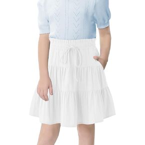 Girls Skirt High Waist Tiered Ruffle Knee Length Midi Skirt with Shorts and Pockets for 4-13Y