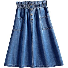 Girl's Paperbag A Line Denim Skirts Button Front High Waisted Midi Jeans Skirt with Pockets