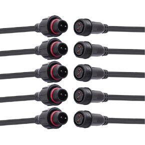 Waterproof Connector 2 Wire,16AWG 2Pin Male Female Plug LED Connector with IP65,20CM Extension Cable for Car,LED Strip Lights (5Pairs)