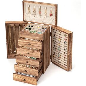 Large Jewelry Boxes for Women Girls, 9"x 5.9"x 12" Wooden 5-Layers Jewelry Organizer and Storage With Drawer, Suitable for Earring, Ring, Necklace, Bracelet. Gifts for Women