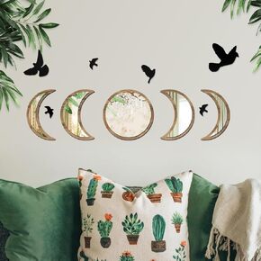 NESHE Moon Phase Mirror Set with Birds | Scandinavian Natural Home Boho Wall Decor | Aesthetic Witchy Bohemian Indoor Gothic Art Decorations for Living Room (Brown)