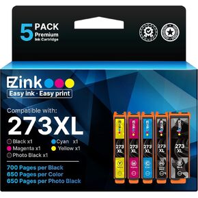 حبر E-Z (خرطوشة حبر 273 معاد تصنيعها TM لـ Epson 273xl T273XL للاستخدام مع XP-520 XP-600 XP-610 XP-620 XP-800 XP-810 XP-820 (5 عبوات-أسود، سماوي، أرجواني، أصفر، صور) أسود)