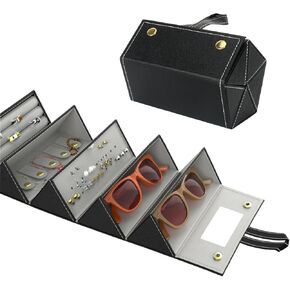Travel Sunglasses & Jewelry Organizer, 5-Slot Hanging Case with Mirror, Foldable Leather Storage for Eyeglasses, Earrings, Necklaces, Rings, Bracelets Compact Multi-Function Travel Accessory
