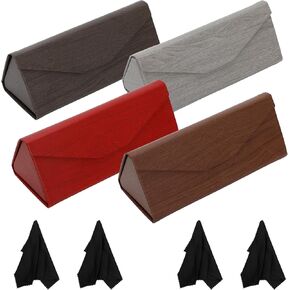 4 Pack Foldable Glasses Case, PU Leather Hard Shell Sunglasses Case with Magnetic Closure, Triangle Design Travel Eyeglasses Storage Case with 4 Cleaning Cloths