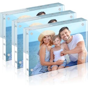 HOUSE DAY Acrylic Picture Frames 4x6, Strong Magnetic Photo Frame, Double Sided Clear Picture Frames with Microfiber Cloth, Frameless Standing Desktop Frame for Home, Office, Events (3 Pack, Gift Ready)