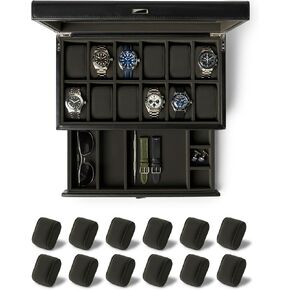 TAWBURY Bayswater 12 Slot Watch Box with Drawer (Black/Charcoal) with a Set of 12 Small Pillows to Fit 6.6-7.1" Wrists