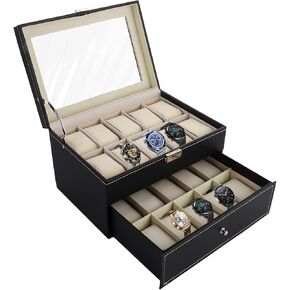 20 Slots Watch Box for Men, 2 Layers Watch Display Case with Glass Lid, Watch Box Organizer Storage Case for Men Women Collection, Black