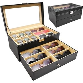 2 Layers 6 Slots Watch Boxes and 9 Pieces Eyeglasses Sunglasses Storage,Black Leather Watch Jewelry Eyeglasses Sunglasses Display Case Organizer for Women and Men