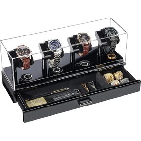 ProCase Wooden Watch Display Case, 4 Slot Watch Display Stand with Removable Acrylic Cover, Watch Case with Drawer, 2-Layer Mens Watch Box, Ring and Watch Holder Organizer for Men -Espresso