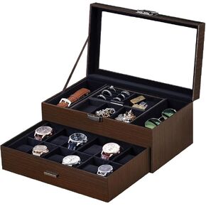 J&T Technology Watch Jewelry Box Organizer ، 6 Slot Watch Case & 3 نظارة شمسية منظم مع غطاء زجاجي ، صندوق مجوهرات للرجال ، حافظة عرض للرجال ، هدية عيد ميلاد
