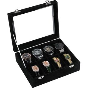 Frebeauty 4-Slot Watch Box,Velvet Watch Case with Glass Lid,Watch Organizer Box for Men and Women,Lockable Watch Storage,Watch Display Case,Ideal Gift(Black)
