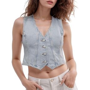 Womens Denim Vest Trendy Cropped Jean Vest Top for Women V Neck Waistcoat Jacket