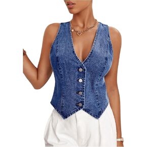 Floerns Women's Sleeveless Denim Vest Asymmetrical Hem Button Down Waistcoat