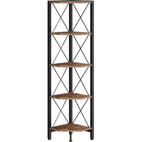 5-Tier Corner Shelf, Corner Bookcase, 55.2" Tall Vertical Display Rack, Plant Stand, Open Storage Shelf, for Living Room, Bedroom, Study, Kitchen, Rustic Brown and Black TCJ12BF