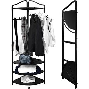 lumizone Foldable Triangle Corner Clothes Rack Space-Saving Freestanding Coat Hanger with Shelves & Hooks, 3-Level Height Adjustment Clothing Wardrobe, Multipurpose Storage for Bedroom/Closet (Black)