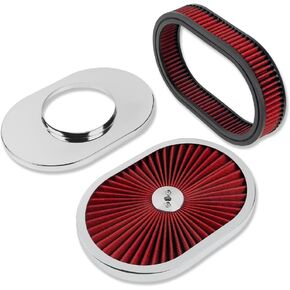 12" x 2" Oval Air Cleaner with Red Washable Element & Chrome Trim For Chevy Ford Mopar
