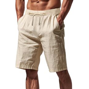 Mens Linen Shorts Casual Drawstring Elastic Waist Pants Lightweight Breathable Summer Beach Shorts for Men