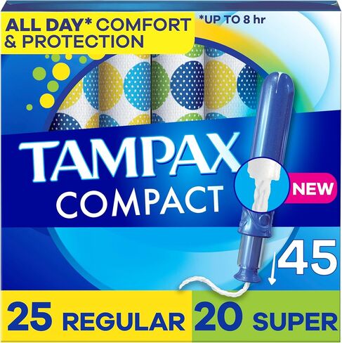Tampax Compact Pearl Tampons Multipack, with LeakGuard Braid & Extendable Applicator, Regular/Super Absorbency, Compact Extendable Applicator, Unscented, 45 Count in Kuwait