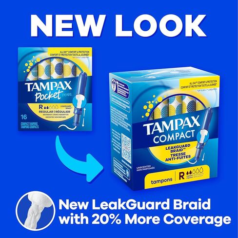 Tampax Compact Pearl Tampons Multipack, with LeakGuard Braid & Extendable Applicator, Regular/Super Absorbency, Compact Extendable Applicator, Unscented, 45 Count in Kuwait