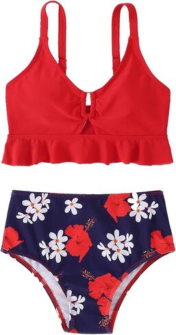 ESHOWEE Girls Swimsuits Swimwear 2 Piece Bathing Suit Beach Summer Bikini Front Cutout Ruffle Tank Print Sets Kids 2-12Y in Saudi Arabia
