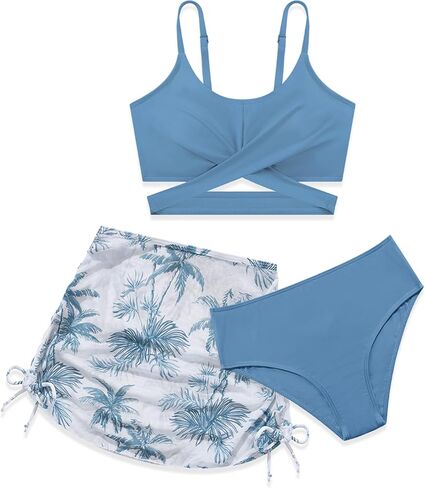 Weixinbuy Girl's Swimsuit 3 Piece Bathing Suit Criss Cross Spaghetti Strap Bikini Sets with Cover Up Skirt Beach Swimwear in Saudi Arabia
