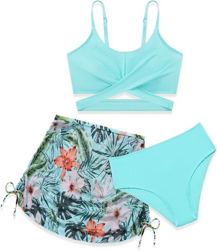 Weixinbuy Girl's Swimsuit 3 Piece Bathing Suit Criss Cross Spaghetti Strap Bikini Sets with Cover Up Skirt Beach Swimwear in Saudi Arabia