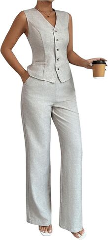 SOLY HUX Women's 2 Piece Outfits V Neck Button Down Vest Tops and High Waisted Pants Set Office Work Suit in Saudi Arabia
