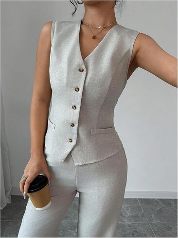 SOLY HUX Women's 2 Piece Outfits V Neck Button Down Vest Tops and High Waisted Pants Set Office Work Suit in Saudi Arabia