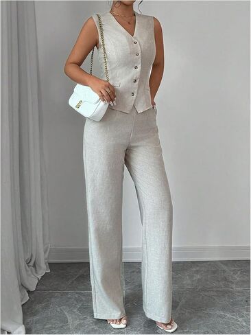 SOLY HUX Women's 2 Piece Outfits V Neck Button Down Vest Tops and High Waisted Pants Set Office Work Suit in Saudi Arabia