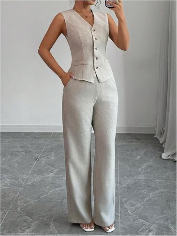 SOLY HUX Women's 2 Piece Outfits V Neck Button Down Vest Tops and High Waisted Pants Set Office Work Suit in Saudi Arabia