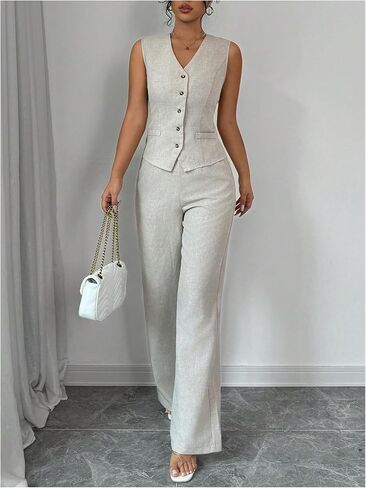 SOLY HUX Women's 2 Piece Outfits V Neck Button Down Vest Tops and High Waisted Pants Set Office Work Suit in Saudi Arabia