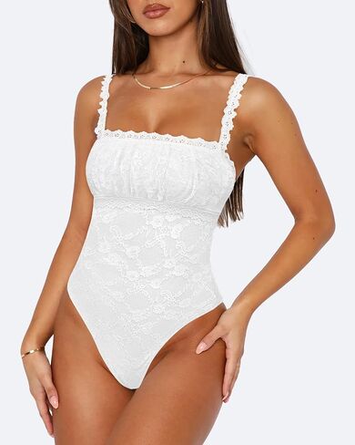 Saslax Women's Sexy Square Neck Lace Sleeveless Bodysuit Tank Tops Double Lined Body Suit Thong Outfits in Saudi Arabia