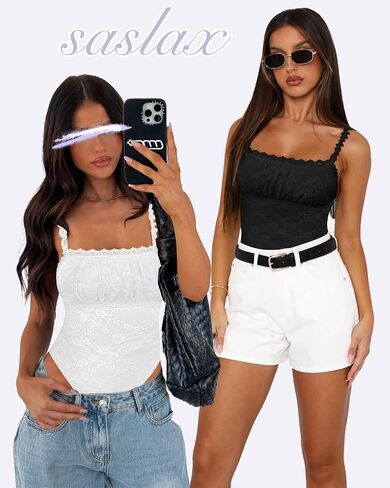 Saslax Women's Sexy Square Neck Lace Sleeveless Bodysuit Tank Tops Double Lined Body Suit Thong Outfits in Saudi Arabia