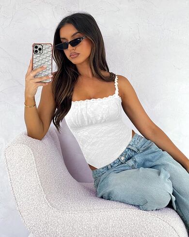 Saslax Women's Sexy Square Neck Lace Sleeveless Bodysuit Tank Tops Double Lined Body Suit Thong Outfits in Saudi Arabia