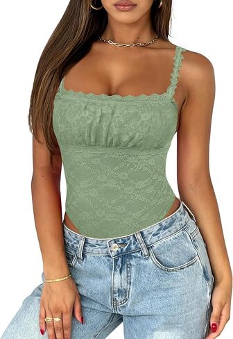 Saslax Women's Sexy Square Neck Lace Sleeveless Bodysuit Tank Tops Double Lined Body Suit Thong Outfits in Saudi Arabia