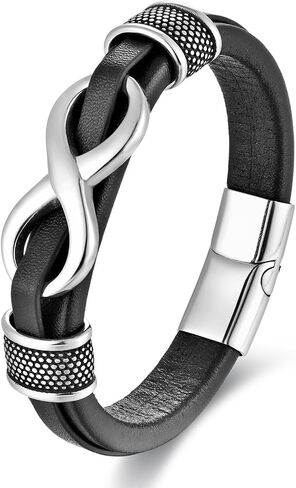 Infinity Bracelet for Man,Stainless Steel Silver/Black Infinity Leather Men's Leather Bracelet Wristband Cuff in Saudi Arabia